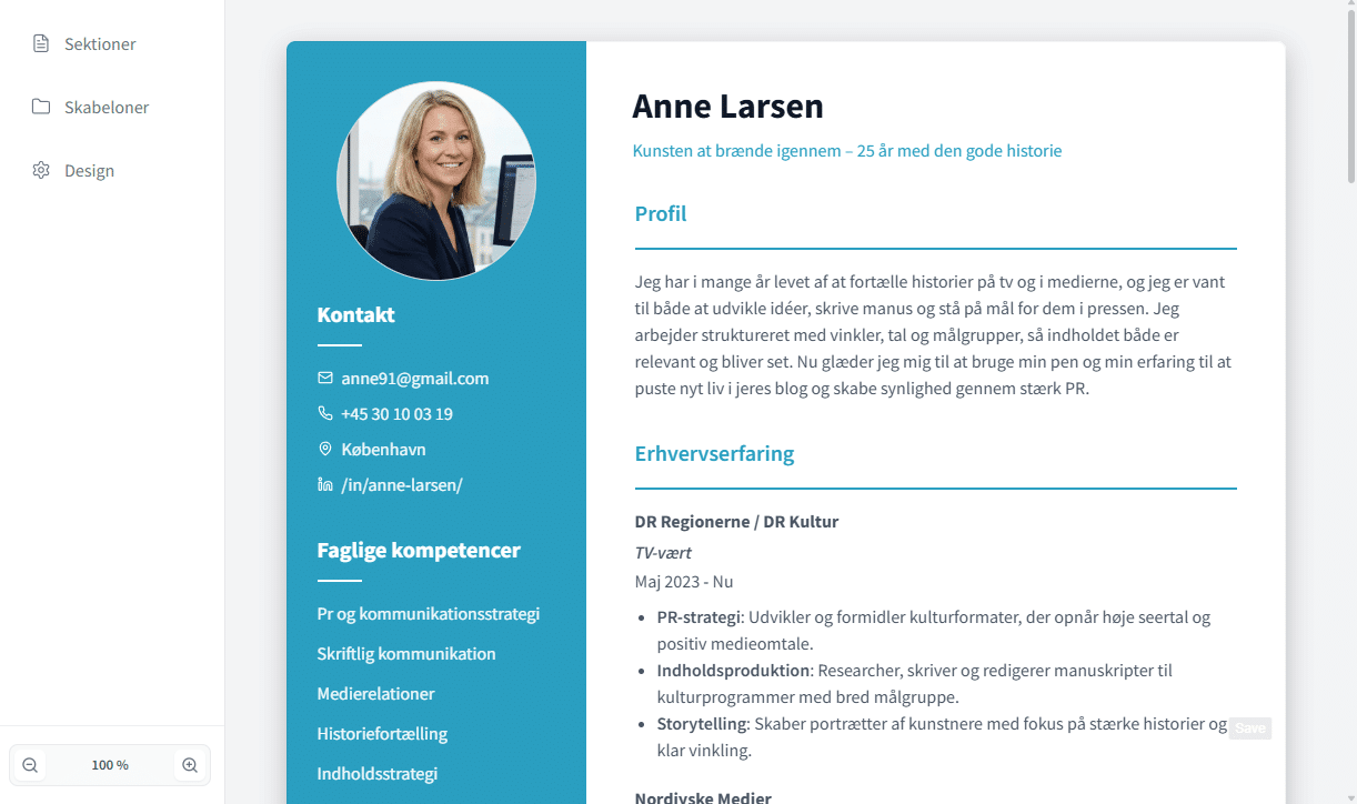 CV editor med professionelt design - Anne Larsen eksempel