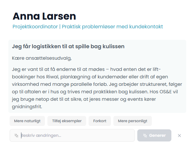 Ansøgningseditor - AI-drevet skrivehjælp med redigeringsknapper